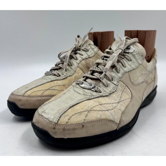 Fennix Mens Tan Italian Crocodile Leather Lace Up Casual Sneakers Shoes Sz 10